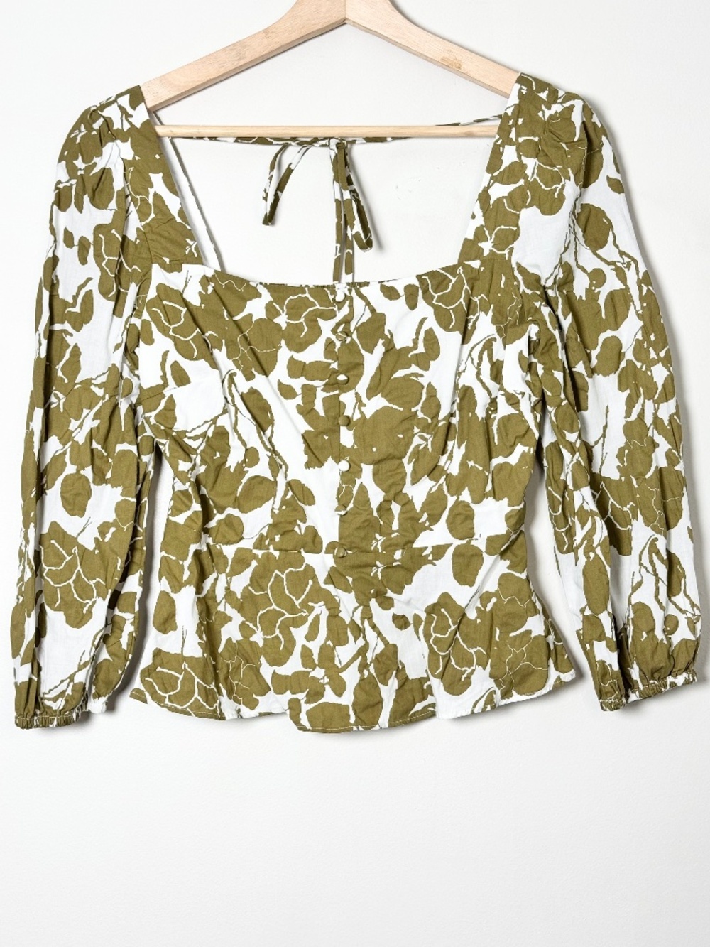 Lucy Paris Olive Green Floral Square Neck Open Back Blouse S